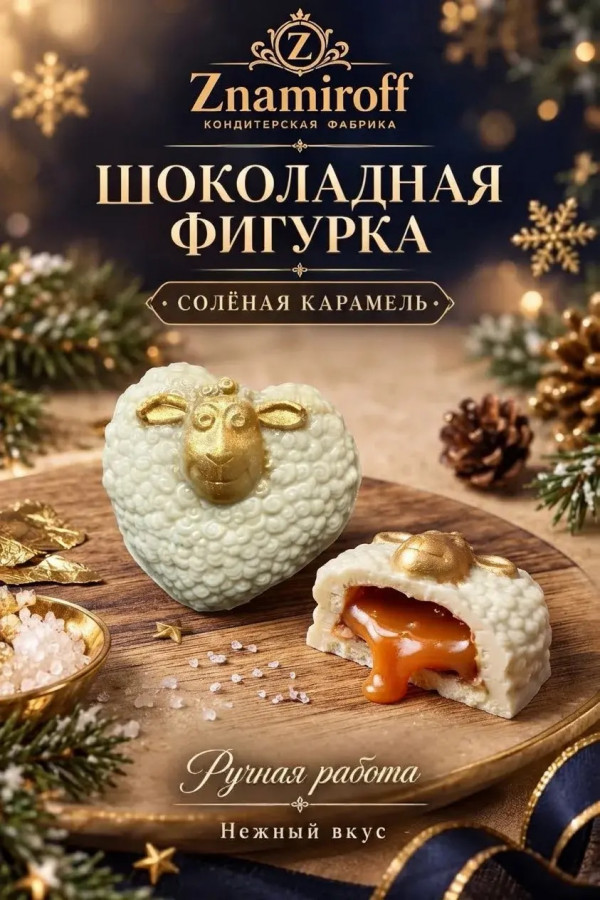№1 Шоколад фигурный "Овечка-сердечко" белый шоколад с начинкой солёная карамель(блок 5шт по 70г) в Нерюнгри